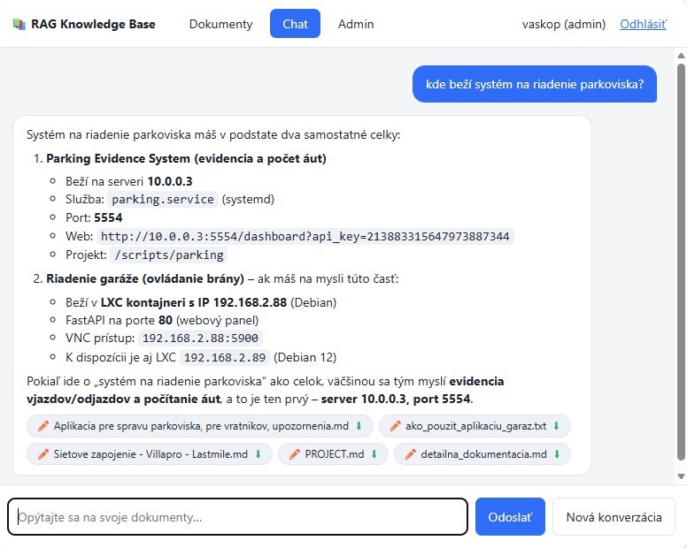 Snímka obrazovky znalostnej bázy: používateľ kladie otázku v slovenčine a agent vracia odpoveď aj s odkazom na zdrojový dokument.